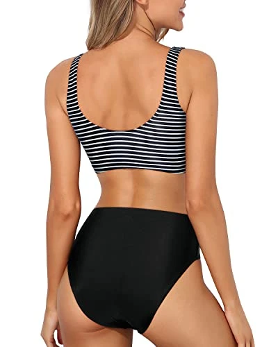 Two Piece Scoop Neck Bikini Crop Top High Cut Swimsuit-Black And White Stripe - Image 2