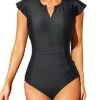 Women's High Neck Short Sleeve One Piece Rash Guard-Black