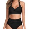 Women Two Piece Vintage Swimsuit Halter Ruched High Waist Bikini-Black