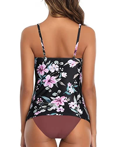 Charming High Neck Ruched Tankini Swimsuit For Women-Black Pink Flowers - Image 3