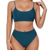2 Piece Slim And Sexy High Waisted Bikini Sporty Scoop Neck Swimsuits-Teal