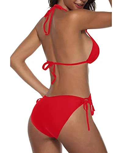 2 Piece Boho Style Cheeky Triangle Bikini Bathing Suit-Red - Image 2
