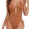 High Cut Bottom Sexy One Piece Swimsuit For Women-Brown