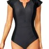 Women's Short Sleeve Zip Front One Piece Surfing Rash Guard-Grey And Black