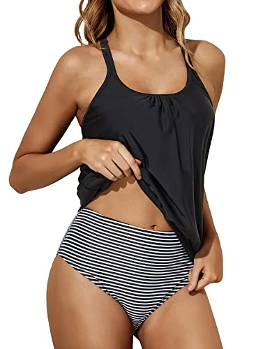 2 Piece Stylish Black Criss Cross Back Tankini Swimsuits-Black Stripe - Image 4
