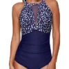 High Neck Mesh Plunge Monokini Bathing Suit Women One Piece Swimsuit-Navy Blue Dots