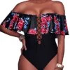 Lace-Up Strapless Bathing Suit For Ladies-Black And Red Floral