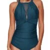 Chic Tummy Control High Neck Mesh One Piece Swimsuit For Women-Teal