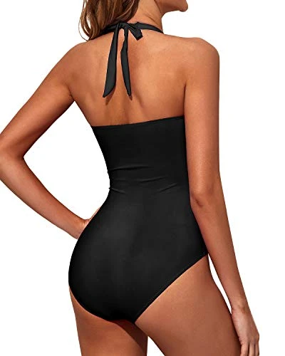 Halter Vintage Swimwear Slimming One Piece Swimwear-Black - Image 4