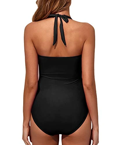 Halter Vintage Swimwear Slimming One Piece Swimwear-Black - Image 3