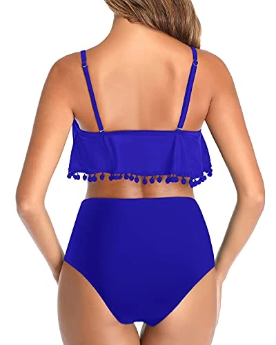 Women's Two Piece Flounce Ruffle Pom Pom Trim Bikini-Royal Blue - Image 2