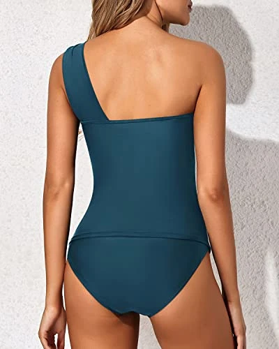 Elegant Two Piece One Shoulder Swim Top Shorts-Teal - Image 3