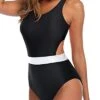 Modest Swimsuit One Piece Tummy Control Cutout Swimsuits For Teen Girls-Black And White