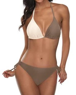 Adjustable Ties Halter Top Thong Bikini Swimsuit For Women-Brown