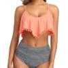 High Waisted Bikini Set Ruffle And Ruched High Rise Bottom-Coral Pink Stripe