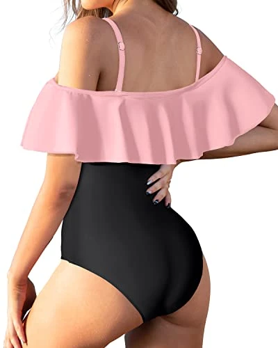 Padded Bra Off Shoulder One Piece Swimsuit For Women-Pink And Black - Image 2