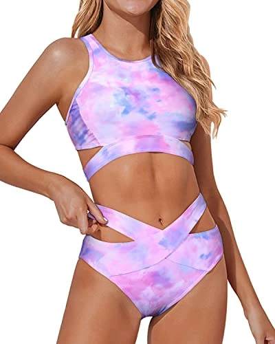 Trendy Cutout Criss Cross Design Two Piece High Neck Bikini Set-Color Tie Dye - Image 3