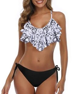 Adjustable Spaghetti Straps Ruffled Bikini For Women-White Snake