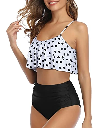 Elegant Ruffle High Waisted Ruched Women's 2 Piece Bikini Set-White Black Polka Dots - Image 3