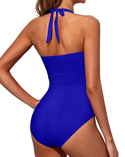 Self-Tie Halter Neck Swimsuits Halter Vintage Swimwear-Royal Blue - Image 4