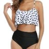 Elegant Ruffle High Waisted Ruched Women's 2 Piece Bikini Set-White Black Polka Dots