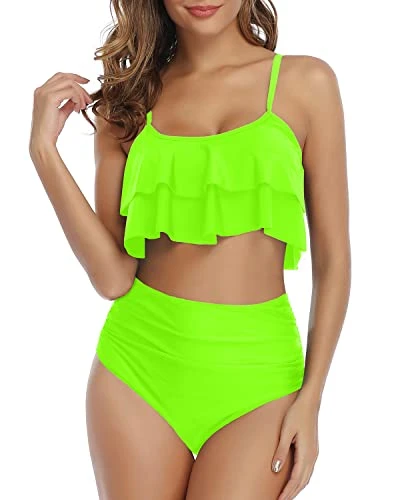 Two Piece Ruffle Bikini Removable Padded Cups-Neon Green