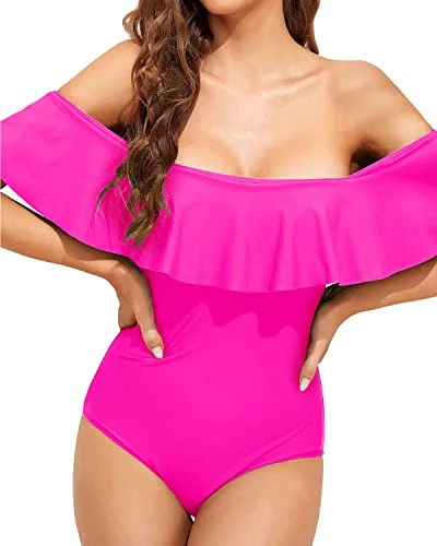 Off Shoulder Ruffled Retro Bathing Suit Flounce Printed One Piece Swimsuit-Neon Pink - Image 4