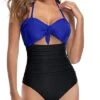 Stylish High Waisted One Piece Swimsuits Halter Backless One Piece Swimsuits-Royal Blue And Black