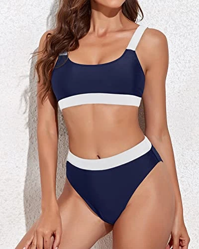 Women High Rise Athletic Bathing Suits Sporty Scoop Neck Bikini-Navy Blue And White - Image 4