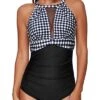 Sexy High Neck Mesh Monokini Women One Piece Swimsuit-Black And White Checkered