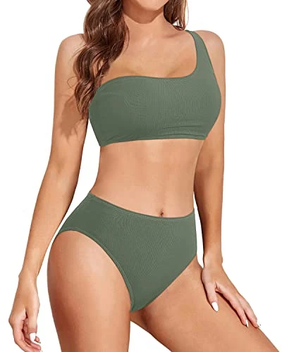 Women's High Cut One Shoulder Bikini High Waisted Bottom-Olive Green - Image 4