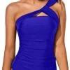 Tummy Control One Shoulder Bathing Suit Top Removable Pads Swim Tops-Royal Blue