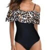 Tropical Long Torso One Piece Swimsuit For Women-Black And Leopard