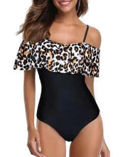 Tropical Long Torso One Piece Swimsuit For Women-Black And Leopard
