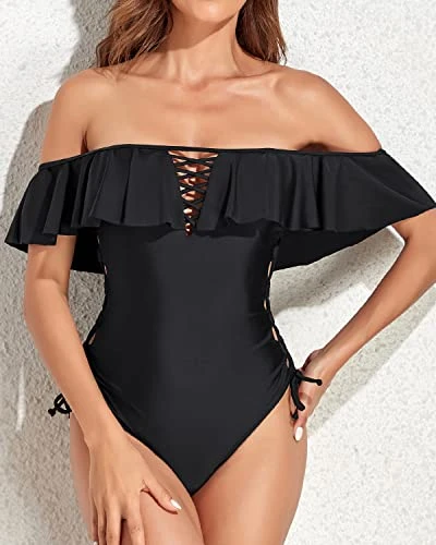 Women's Off Shoulder Ruffled Flounce One Piece Swimsuit-Black - Image 2