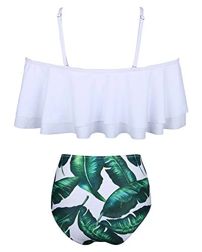 Fashionable Off Shoulder Tummy Control Bikini Set-White Leaf - Image 4