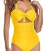Chic High Waisted Halter Front Tie Knot One Piece Cutout Swimsuits-Neon Yellow