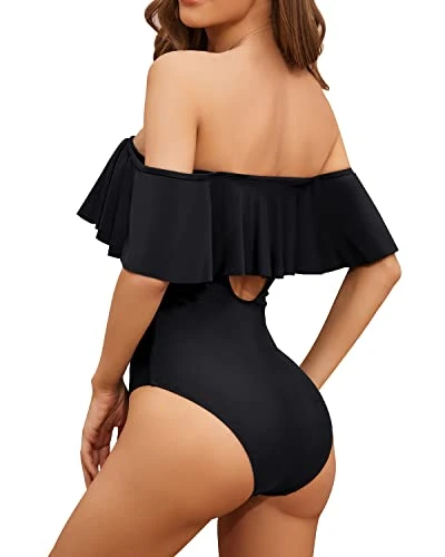 Lace-Up Front Off Shoulder Ruffle One Piece Swimsuit For Women-Black - Image 2