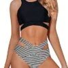 High Neck Cutout Criss Cross Bandage Two Piece Bathing Suits-Black And White Stripe