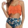 Feminine Ruffle High Waisted Ruched 2 Piece Bikini Set-Orange Flowers