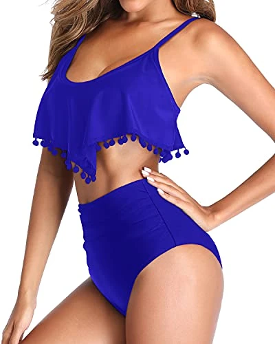 Women's Two Piece Flounce Ruffle Pom Pom Trim Bikini-Royal Blue - Image 3