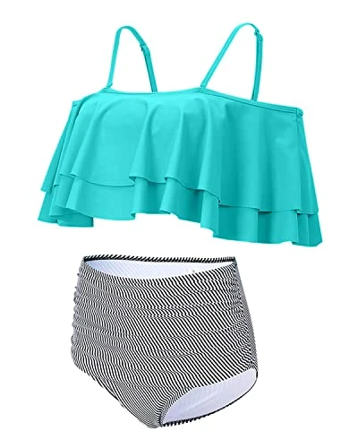 Attractive Off Shoulder Two Piece Bikini For Women-Aqua Stripe - Image 3