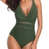 Tummy Control Plunge V Neck Halter Monokini Swimsuit-Army Green