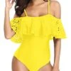 Lace Hollow Out Ruffle Flounce Off Shoulder 1 Piece Swimsuits For Women-Neon Yellow