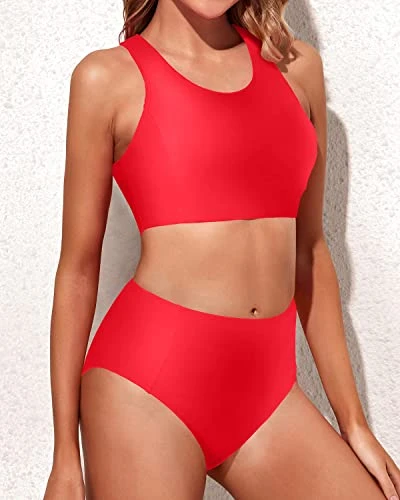 Two Piece High Waisted Bikini Set For Women-Neon Red - Image 2