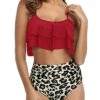 Deep Crew Neckline Bikini Set Removable Padded Push Up Bras-Red And Leopard