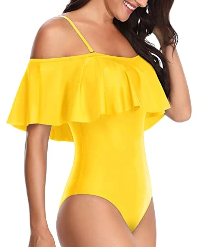 Vintage Off Shoulder Ruffled Bathing Suits Padded Bras-Neon Yellow - Image 3