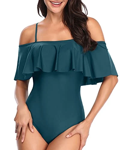 Off Shoulder Long Torso Vintage One Piece Swimsuits-Teal - Image 2