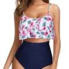 High Waisted Ruffle Bikini Adjustable Spaghetti Straps-White And Blue Floral