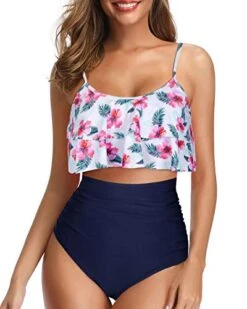High Waisted Ruffle Bikini Adjustable Spaghetti Straps-White And Blue Floral